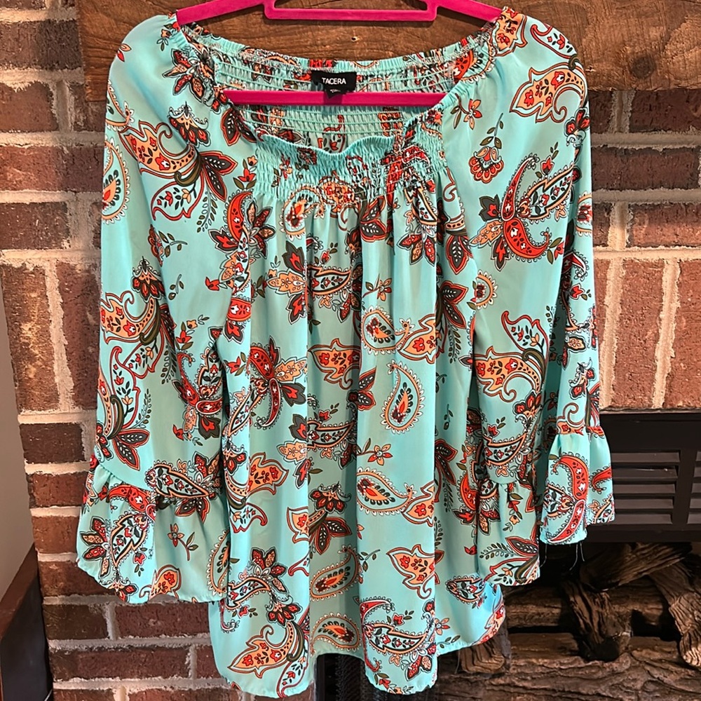 Long sleeve teal paisley blouse.